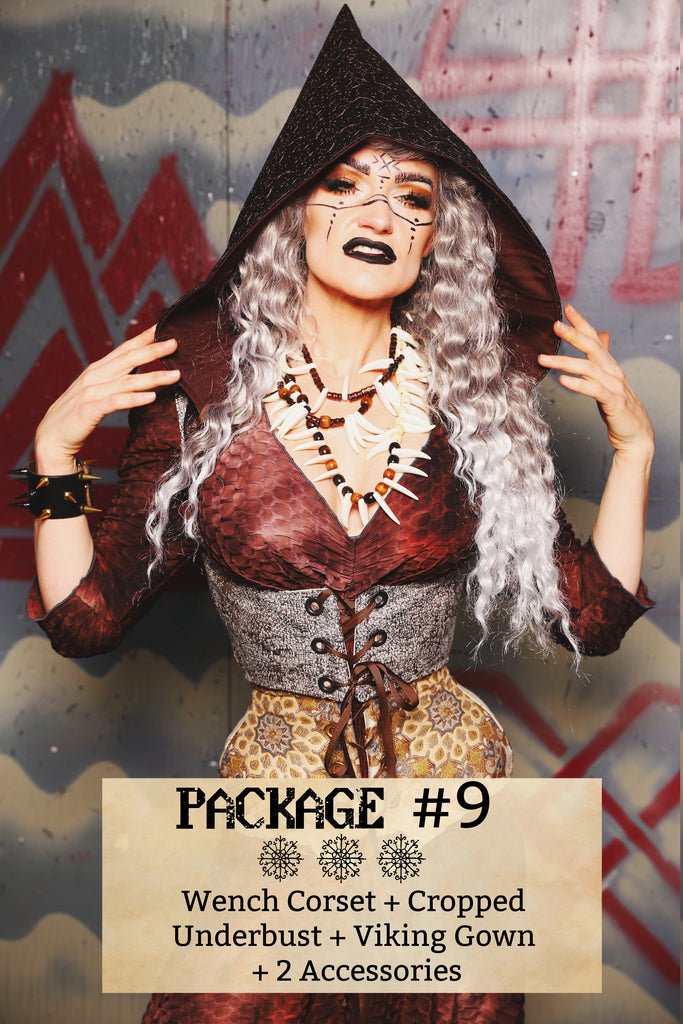 Package #09 Includes: Wench Corset + Cropped Underbust + Viking Gown + 2 Accessories - Viking Mystery Box Event