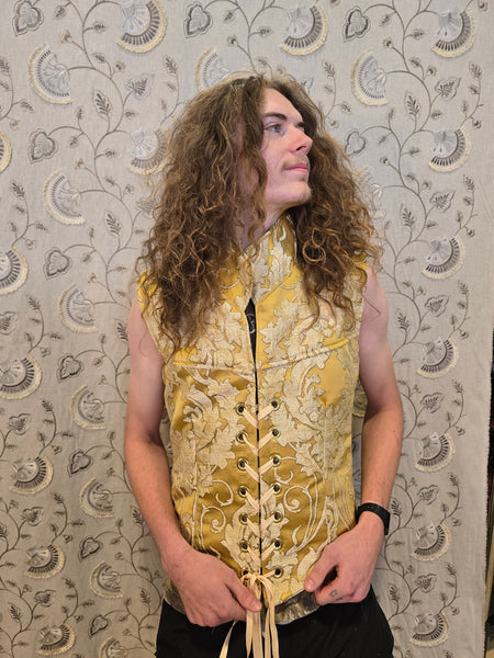 Men's Vest in Belle Gold Damask - "Wakey Wakey Eggs & Bakey" Collection