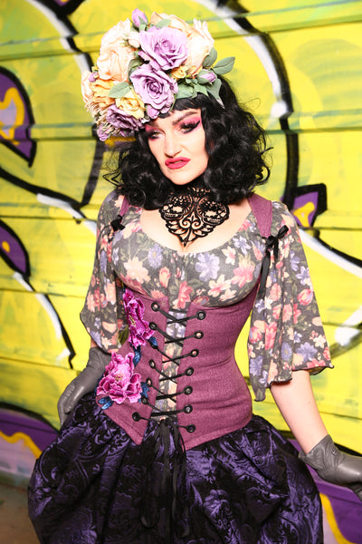 60-Vixen Corset in Mystical Upholstery with Floral Appliques - "The Violet Hour" Collection