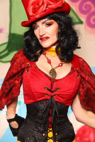 Cropped Courtier in Red Upholstery *PLEASE order by BUST Measurement, NOT waist!* - The "Twisted Tea Party" Collection
