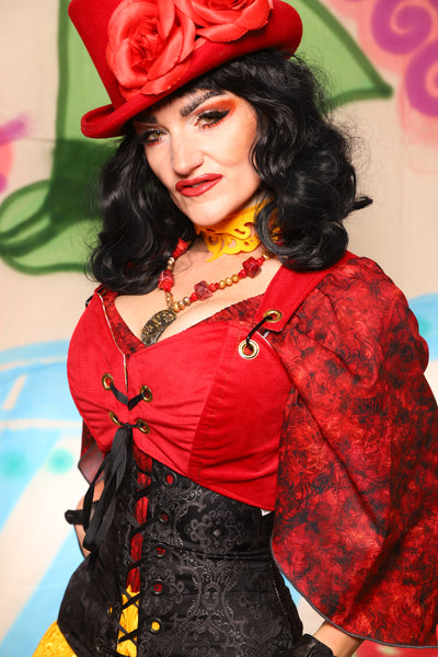 Cropped Courtier in Red Upholstery *PLEASE order by BUST Measurement, NOT waist!* - The "Twisted Tea Party" Collection