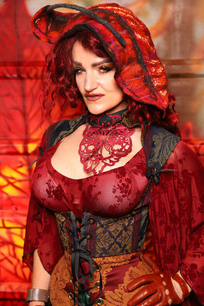 15. Cropped Fey Corset w/ Sorcerer Collar in Old World Leaf Tapestry - The Sensual Solstice Collection