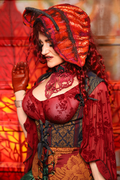 15. Cropped Fey Corset w/ Sorcerer Collar in Old World Leaf Tapestry - The Sensual Solstice Collection