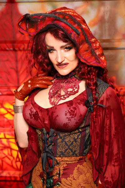 15. Cropped Fey Corset w/ Sorcerer Collar in Old World Leaf Tapestry - The Sensual Solstice Collection