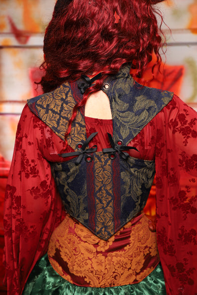 15. Cropped Fey Corset w/ Sorcerer Collar in Old World Leaf Tapestry - The Sensual Solstice Collection