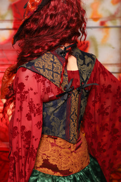 15. Cropped Fey Corset w/ Sorcerer Collar in Old World Leaf Tapestry - The Sensual Solstice Collection
