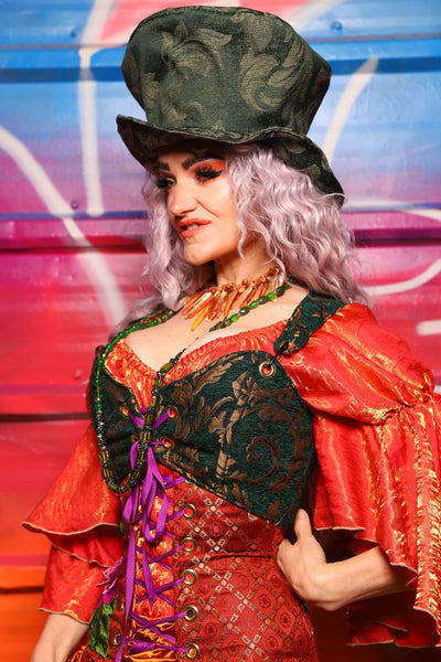 06. Cropped Courtier Overbust in Emerald & Gold Vine – A Chest Full of Jewels Collection