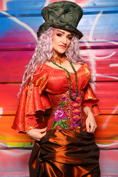 27. Petite Wench in Persimmon Square w/pink Rose Applique - A Chest Full of Jewels Collection