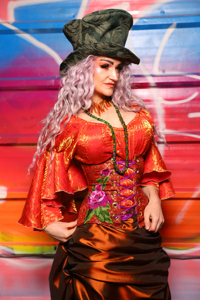 27. Petite Wench in Persimmon Square w/pink Rose Applique - A Chest Full of Jewels Collection