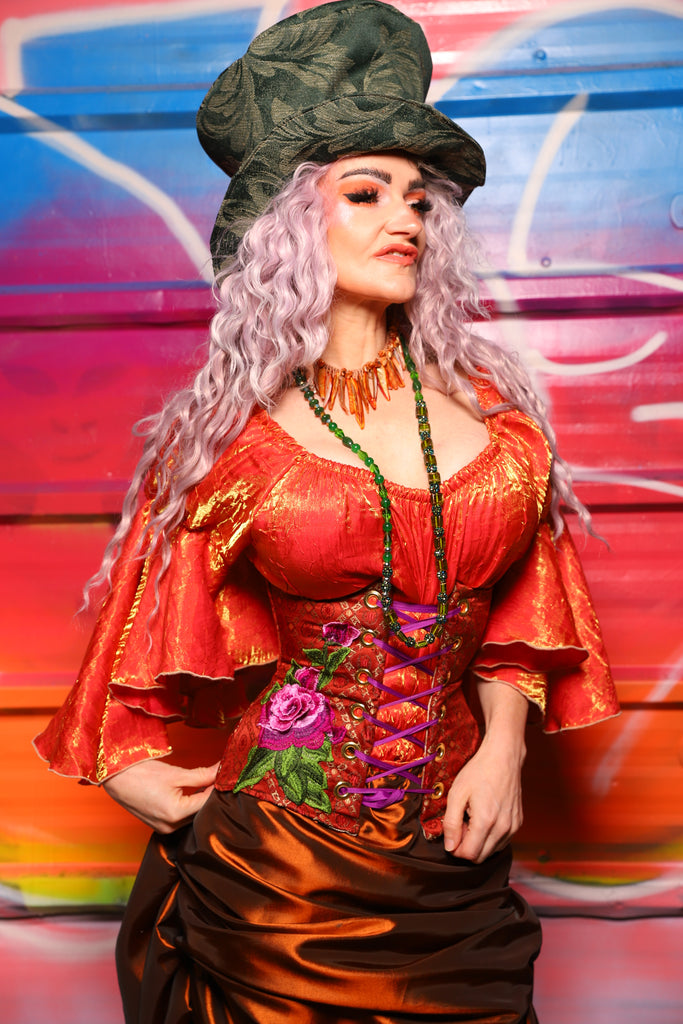 27. Petite Wench in Persimmon Square w/pink Rose Applique - A Chest Full of Jewels Collection