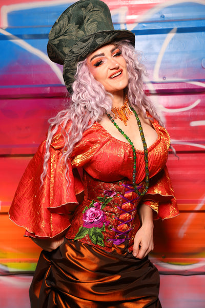 27. Petite Wench in Persimmon Square w/pink Rose Applique - A Chest Full of Jewels Collection