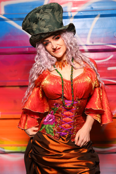 27. Petite Wench in Persimmon Square w/pink Rose Applique - A Chest Full of Jewels Collection