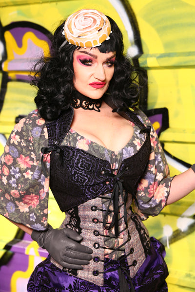 25-Cropped Overbust Corset in Black & Purple Scroll Medallion *Voyager Straps Sold Separately!* - "The Violet Hour" Collection