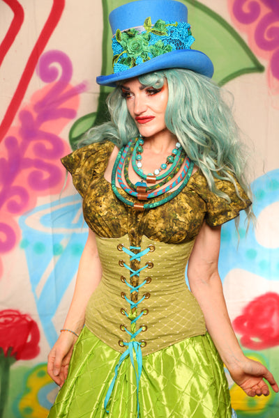 Wench Corset in Caterpillar Green Dot - The "Twisted Tea Party" Collection
