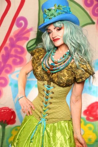 Wench Corset in Caterpillar Green Dot - The "Twisted Tea Party" Collection