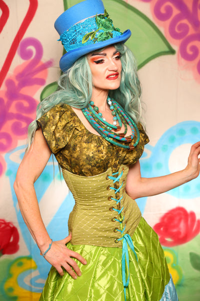 Wench Corset in Caterpillar Green Dot - The "Twisted Tea Party" Collection