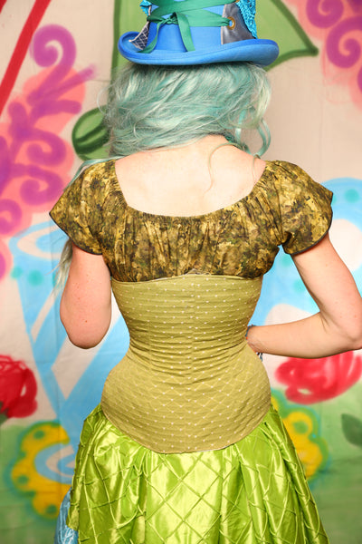 Wench Corset in Caterpillar Green Dot - The "Twisted Tea Party" Collection