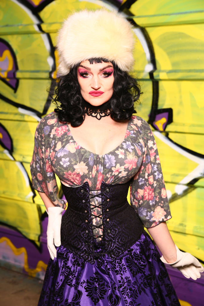 61-Wench Corset in Black & Purple Scroll Medallion - "The Violet Hour" Collection