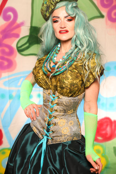 Wench Corset in Pale Blue & Gold Floral Damask - The "Twisted Tea Party" Collection