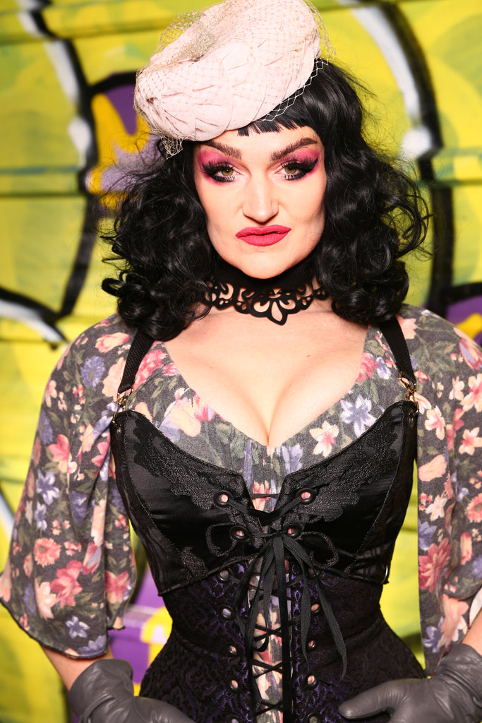 26-Cropped Overbust Corset in Black Damask Jacquard  - "The Violet Hour" Collection
