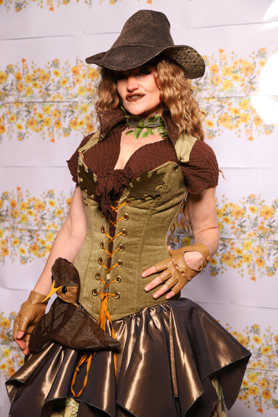 07. Courtier Corset With Leather Oak Leaves In Botanical Thread Green - The Leave It To Beaver Collection