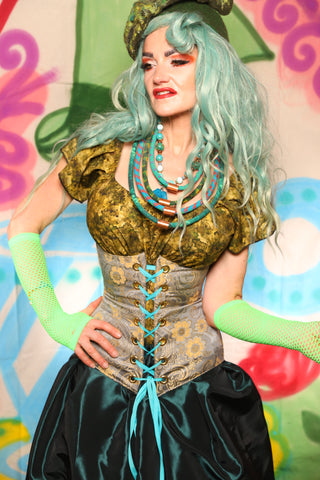 Wench Corset in Pale Blue & Gold Floral Damask - The "Twisted Tea Party" Collection