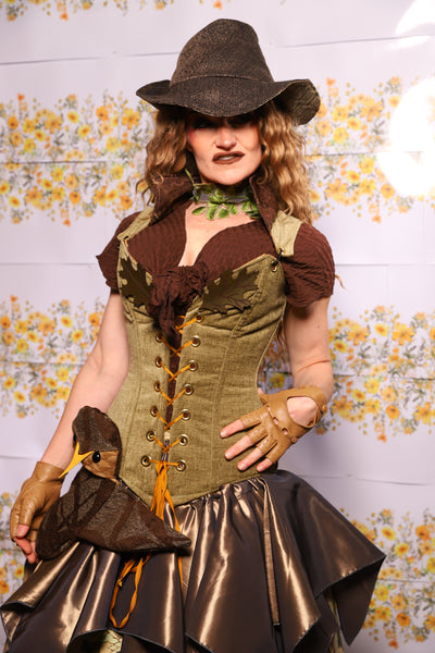 07. Courtier Corset With Leather Oak Leaves In Botanical Thread Green - The Leave It To Beaver Collection