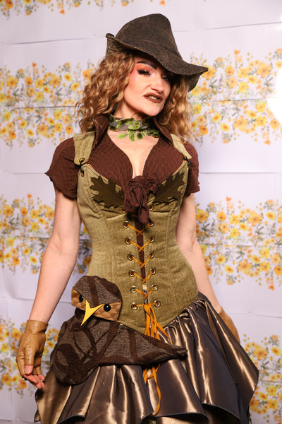 07. Courtier Corset With Leather Oak Leaves In Botanical Thread Green - The Leave It To Beaver Collection