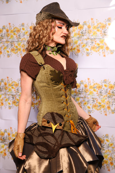 07. Courtier Corset With Leather Oak Leaves In Botanical Thread Green - The Leave It To Beaver Collection