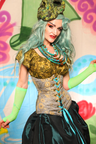 Wench Corset in Pale Blue & Gold Floral Damask - The "Twisted Tea Party" Collection