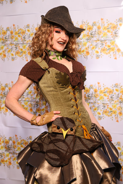 07. Courtier Corset With Leather Oak Leaves In Botanical Thread Green - The Leave It To Beaver Collection