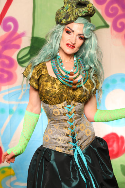 Wench Corset in Pale Blue & Gold Floral Damask - The "Twisted Tea Party" Collection