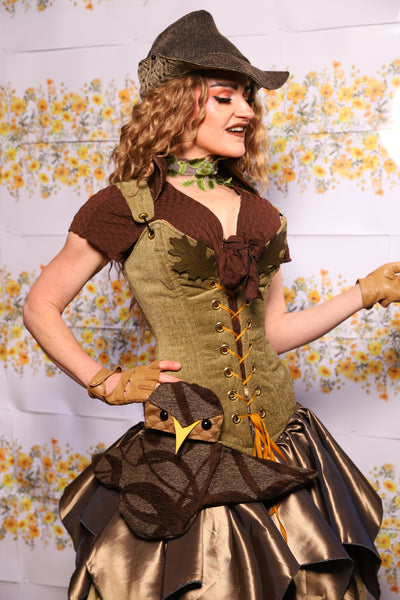 07. Courtier Corset With Leather Oak Leaves In Botanical Thread Green - The Leave It To Beaver Collection
