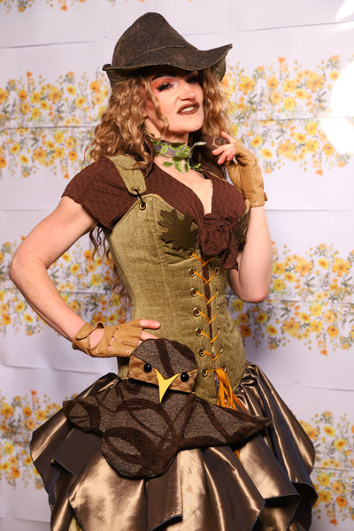 07. Courtier Corset With Leather Oak Leaves In Botanical Thread Green - The Leave It To Beaver Collection