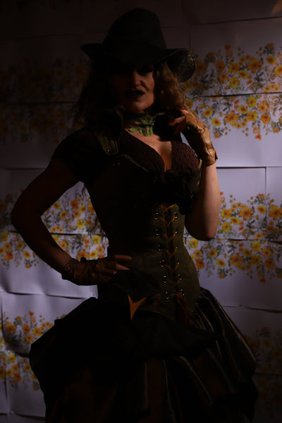 07. Courtier Corset With Leather Oak Leaves In Botanical Thread Green - The Leave It To Beaver Collection