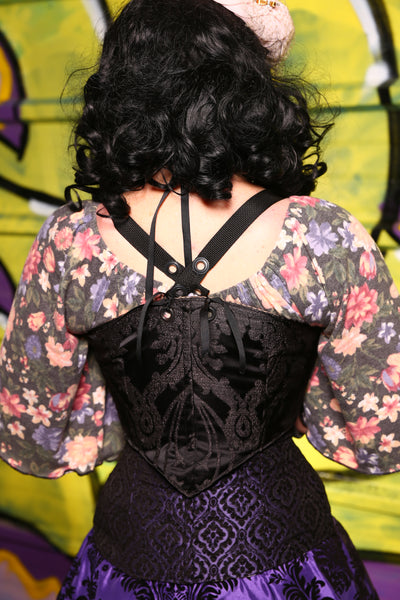 26-Cropped Overbust Corset in Black Damask Jacquard  - "The Violet Hour" Collection