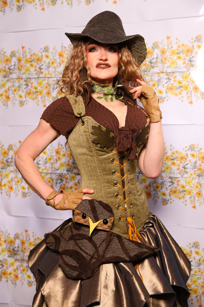 07. Courtier Corset With Leather Oak Leaves In Botanical Thread Green - The Leave It To Beaver Collection
