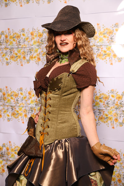 07. Courtier Corset With Leather Oak Leaves In Botanical Thread Green - The Leave It To Beaver Collection