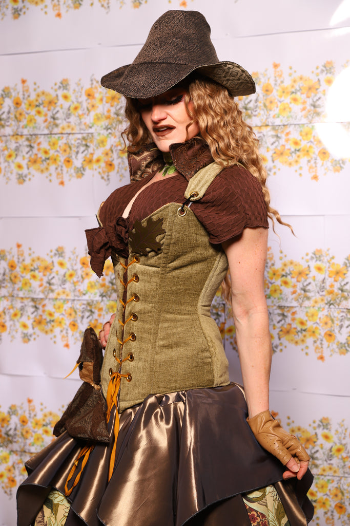 07. Courtier Corset With Leather Oak Leaves In Botanical Thread Green - The Leave It To Beaver Collection