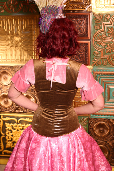 Greta Corset in Brown Shimmer w/ Pink Rose Applique  -"The Petals & Parchment Collection" #17