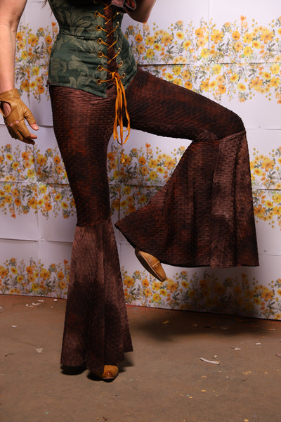 02. Bell Bottoms In Brown Textured Tie Dye Spandex - The Leave It To Beaver Collection