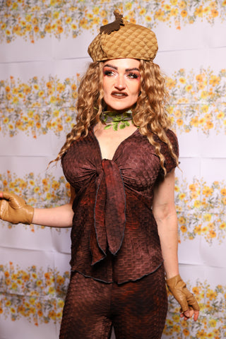 36. Knotty Blouse In Brown Textured Tie Dye Spandex - The Leave It To Beaver Collection