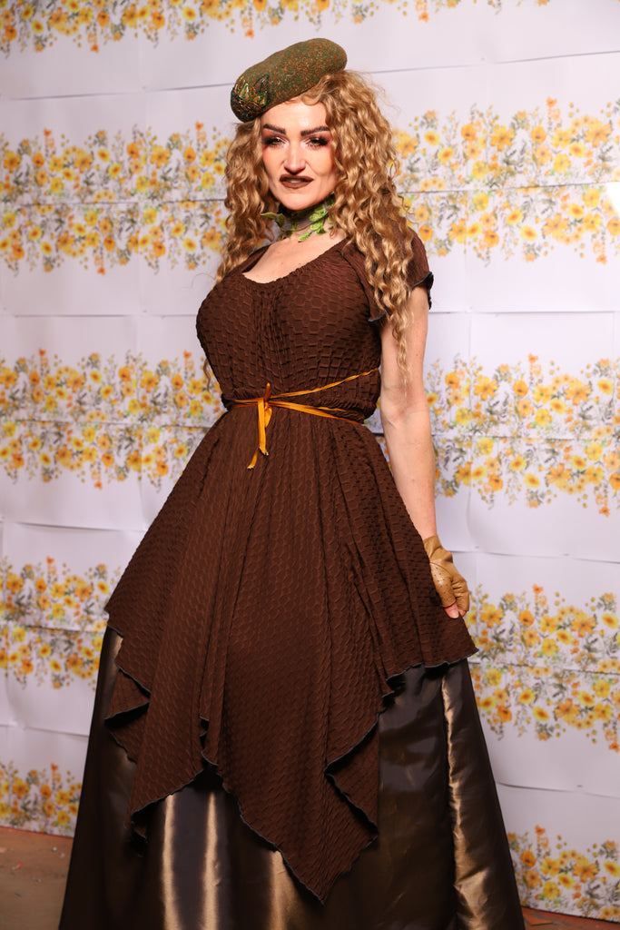04. Cap Sleeve Fairy Dress In Brown Solid Textured Spandex - The Leave It  To Beaver Collection