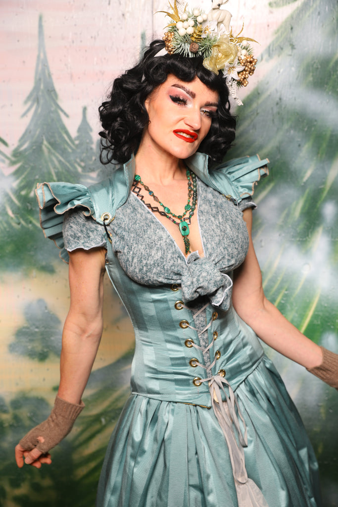 Petite Vixen Corset w/Ruffles in Frostmint Matte & Satin Stripe- Day 6 of 12 Days of Damsel Christmas 2025