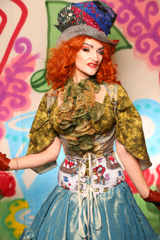 Tailed Cropped Vixen in Pale Blue & Gold Floral Damask - The "Twisted Tea Party" Collection