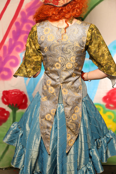Tailed Cropped Vixen in Pale Blue & Gold Floral Damask - The "Twisted Tea Party" Collection