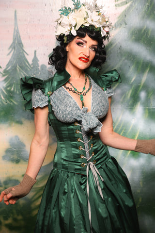 Petite Vixen Corset w/Ruffles in Verdant Matte & Satin Stripe- Day 6 of 12 Days of Damsel Christmas 2025