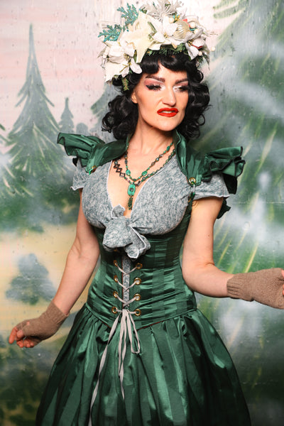 Petite Vixen Corset w/Ruffles in Verdant Matte & Satin Stripe- Day 6 of 12 Days of Damsel Christmas 2025