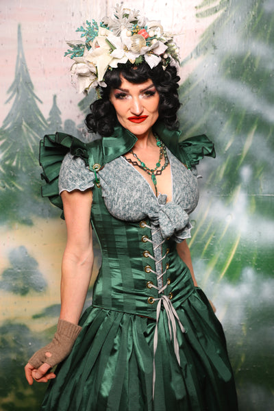 Petite Vixen Corset w/Ruffles in Verdant Matte & Satin Stripe- Day 6 of 12 Days of Damsel Christmas 2025