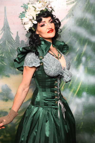 Petite Vixen Corset w/Ruffles in Verdant Matte & Satin Stripe- Day 6 of 12 Days of Damsel Christmas 2025